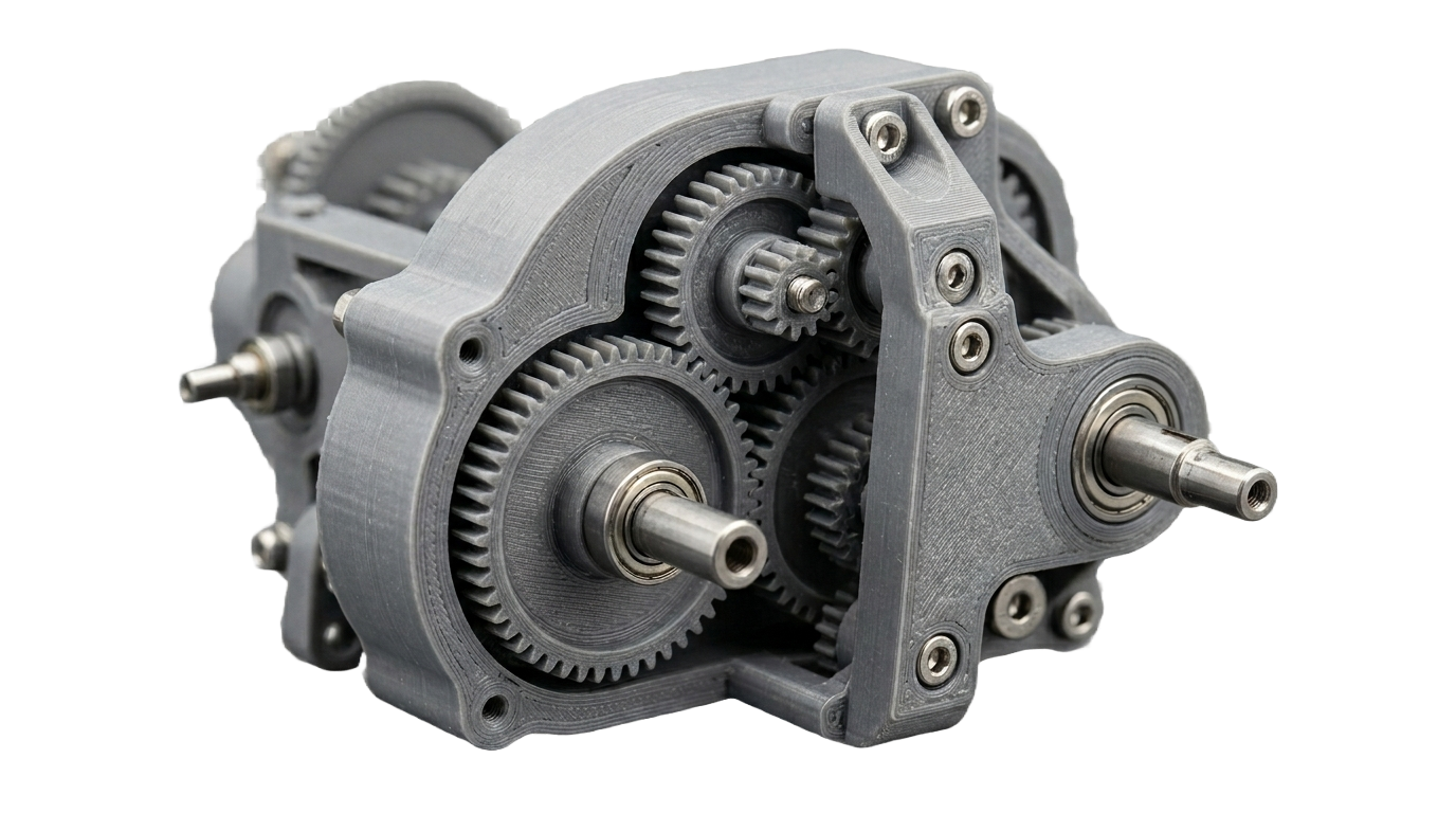 Cluster of 3D-printed engineering parts with pink rim lighting